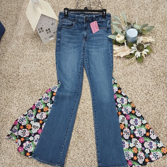 Handmade Denim - 3437 Size 10 Upcycled American Eagle Bell-Bottom Jeans In Sugan Sculls Print.